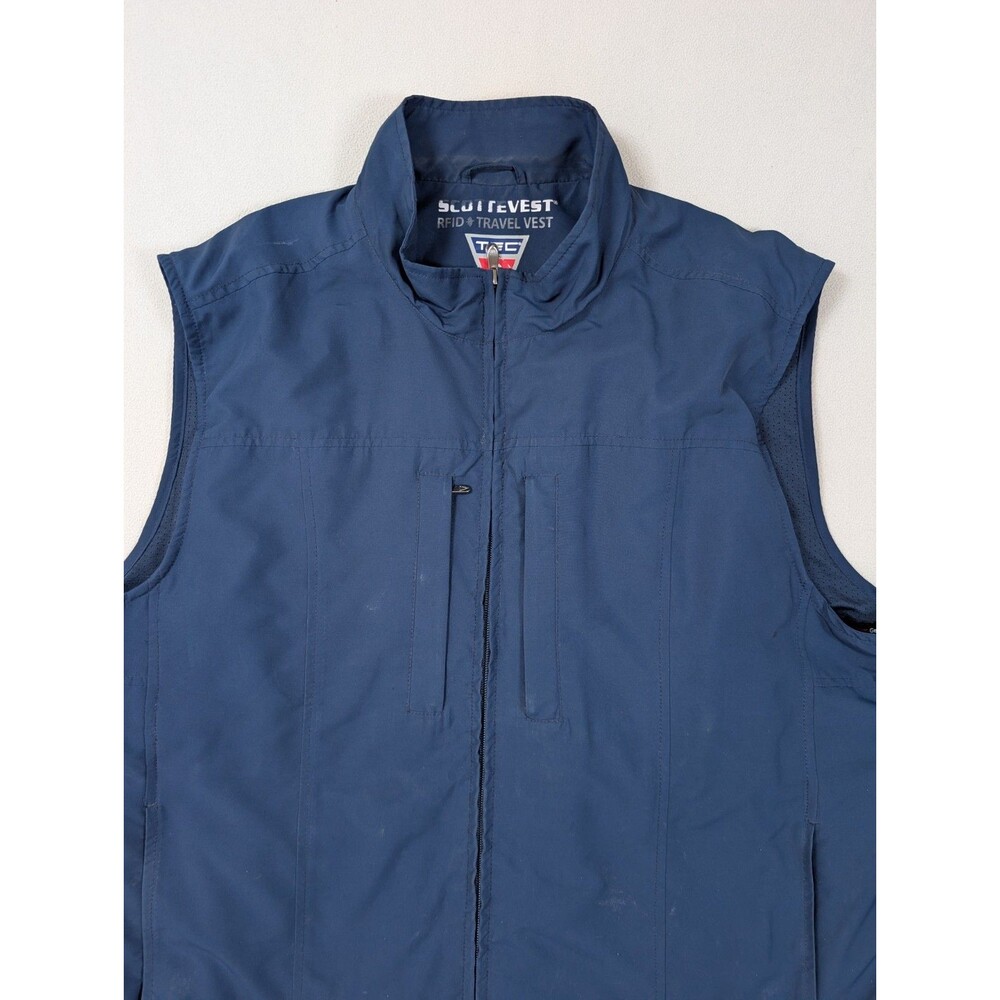 SCOTTeVEST RFID Travel Vest Blue Mens XL Utility Tec Full Zip Gorpcore *Flaw*